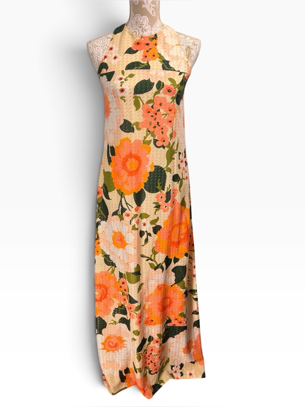 Vintage 60s 70s Herbert Laurence Small Hostess Dress Floral Maxi Gown Metallic